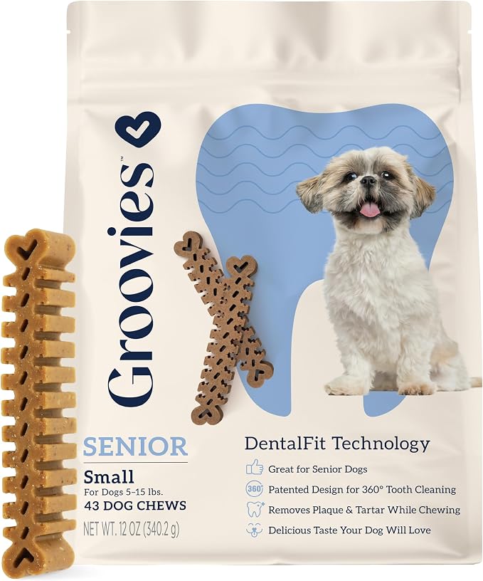Groovies Gentle & Flexible Senior Dog Dental Chews, Contact-Cleaning Design Supporting Tartar Control & Fresh Breath, Oral Care Treats, USA Manufactured, Patented DentalFit Tech, Small Dogs, 43 Chews