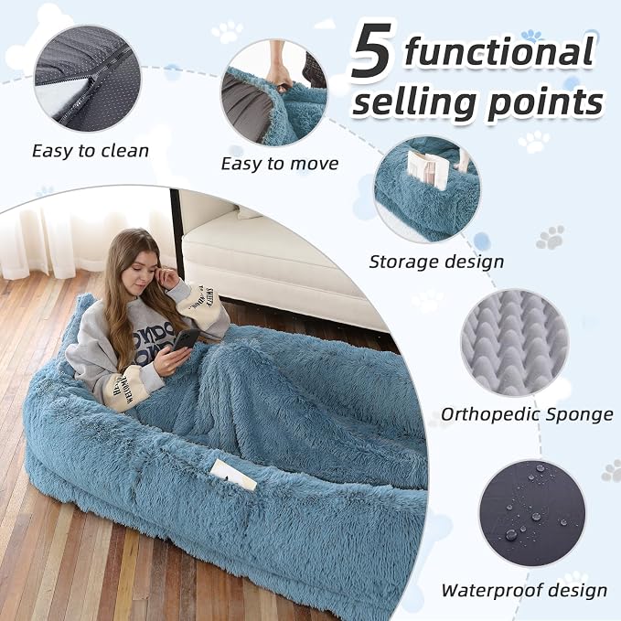 Human Dog Bed, 71''x45''x12'' Size Fits You and Pets, Washable Faux Fur Pet Bed for People Doze Off, Napping Orthopedic Dog Bed, Present Plump Pillow, Blanket, Strap - Navy