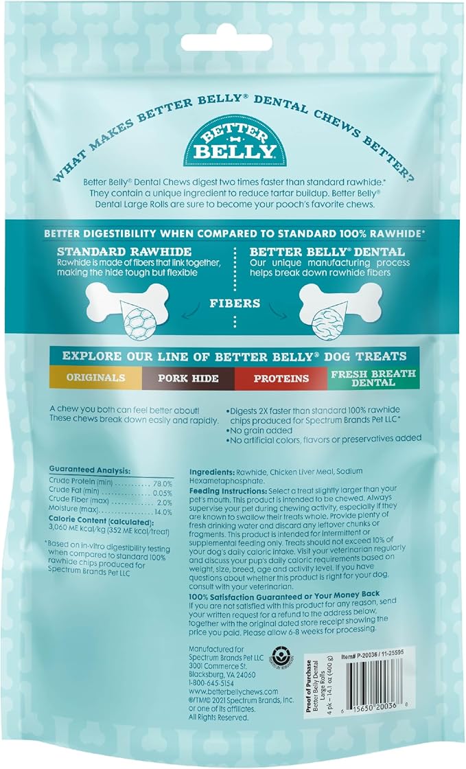 Better Belly Highly Digestible Rawhide Dental Chews, Treat Your Dog to a Chew with NO Artificial Colors or Flavors 4 Count (Pack of 1)