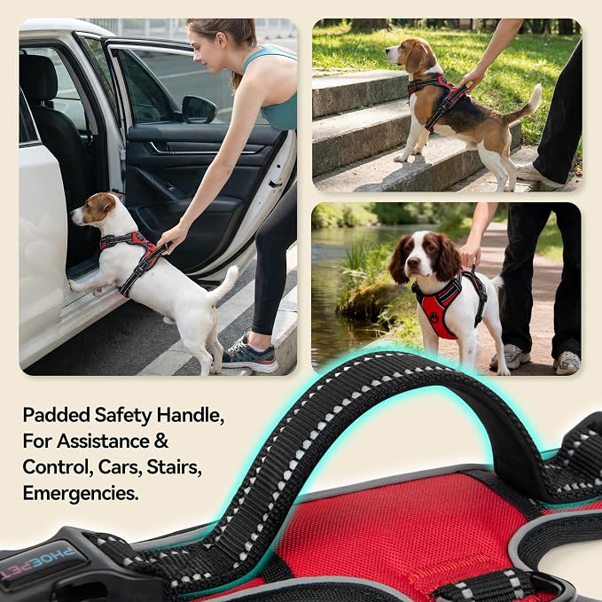 PHOEPET No Pull Dog Harness Medium Reflective Front Clip Puppy Vest with Handle,Adjustable 2 Metal Leash Attachment Hooks(M, Red)
