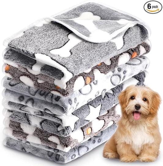 HunnmingRe 6 Pcs Puppy Blankets for Small Dogs Super Soft Flannel Pet Washable Blankets with Cute Paw Print 23x16'' Warm Sleep Mat for Dogs Puppy Cat