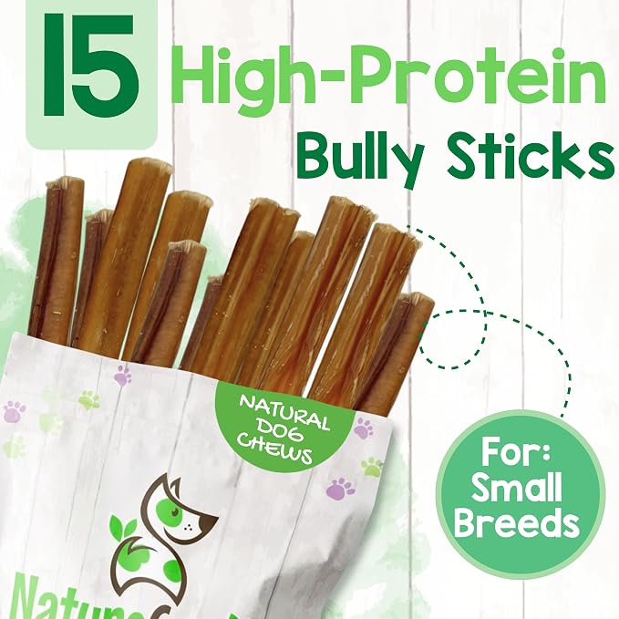 Nature Gnaws Small Bully Sticks for Dogs 5-6" (15 Count) - Long Lasting for Light Chewers and Puppies - Natural Thin Beef Dog Chew Bones - Rawhide Free