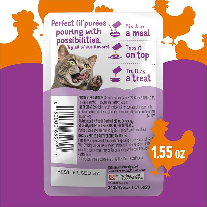 Purina Friskies Pureed Cat Food Topper, Lil’ Shakes With Enticing Chicken Lickable Cat Treats - (Pack of 16) 1.55 oz. Pouches