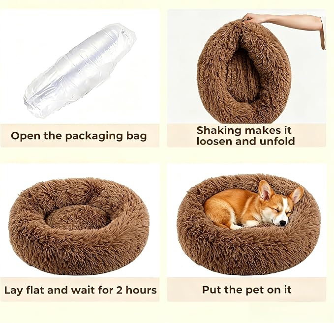 Calming Donuts Dog And Cat Bed, Anti-Anxiety Round Fluffy Soft Washable Small Medium Pet Bed For Puppy And Kitten, Cuddler Warming Comfortable Luxury Anti-Slip Waterproof Mute Base 24in Coffee
