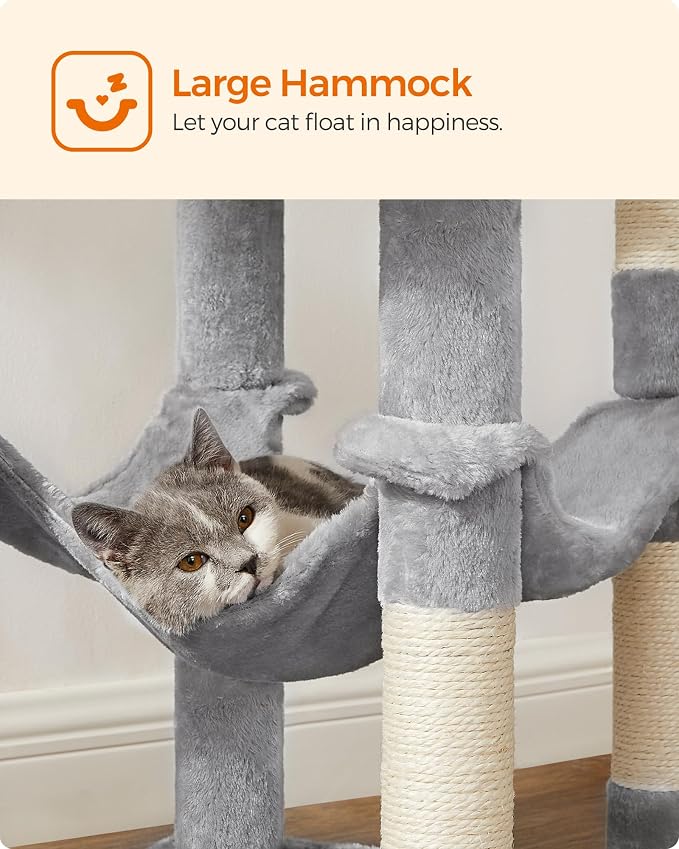 Feandrea Cat Tree, 54.2-Inch Cat Tower, Plush Multi-Level Condo with 4 Scratching Posts, 2 Perches, Hammock, Cave, Light Gray UPCT161W01
