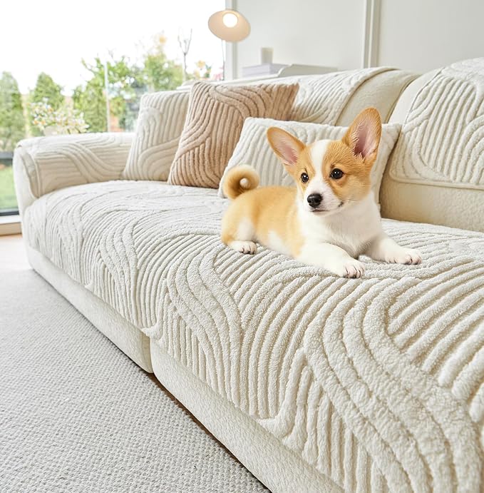 OTOB Couch Covers for 3 Cushion Couch Sofa Pet Friendly, Washable & Non Slip Fuzzy Plush Sofa Cover Slipcovers, All Seasons Ultra Soft Furniture Protector, 1 Piece (Cream, 27.6"x70.9")