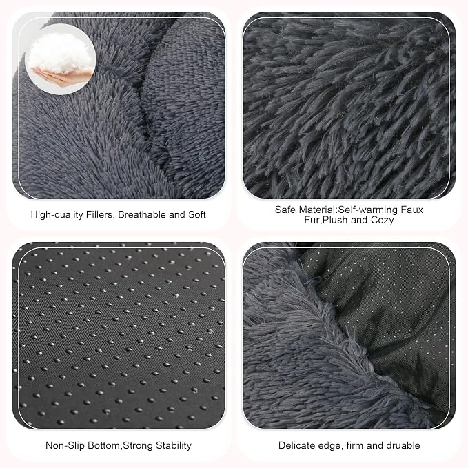 Dog Bed, Cat Calming Bed, Faux Fur Pillow Pet Donut Cuddler Round Plush Bed for Large Medium Small Dogs and Cats (Dark Grey, 23.0" L x 23.0" W x 7.0" Th)