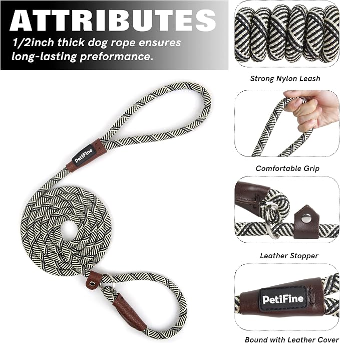 PetiFine Slip Lead, 6FT x 3/8" Reflective Durable Dog Training Leash, Heavy Duty Adjustable Nylon Dog Rope Slip Leash for Small to Large Dogs (Grey)