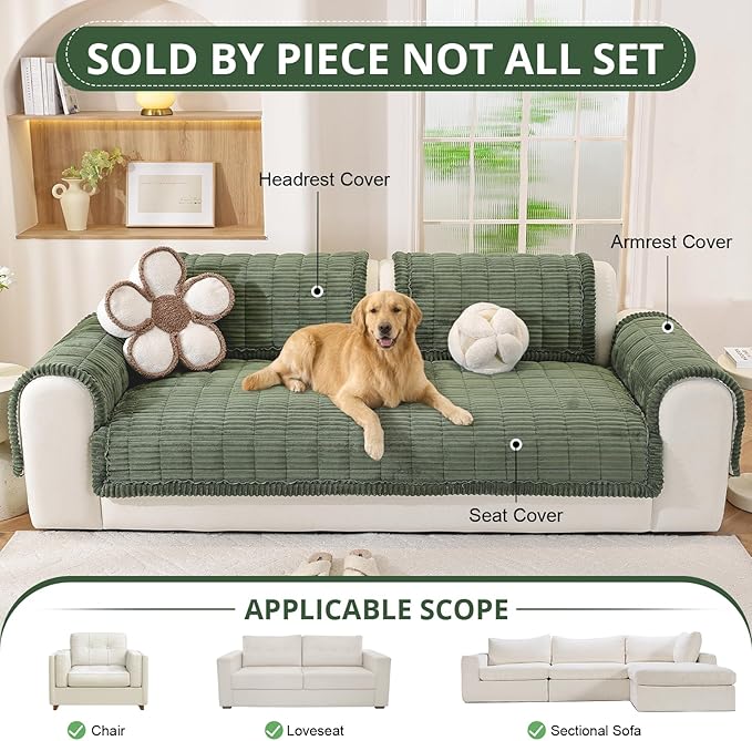OstepDecor Couch Cover for Dogs, Washable Non Slip Sofa Cover for Pets, Soft Couch Covers for Sofa, Loveseat and Sectional, Furniture Protector Against Pet Hair & Scratches (35.4" x 70.9", Green)