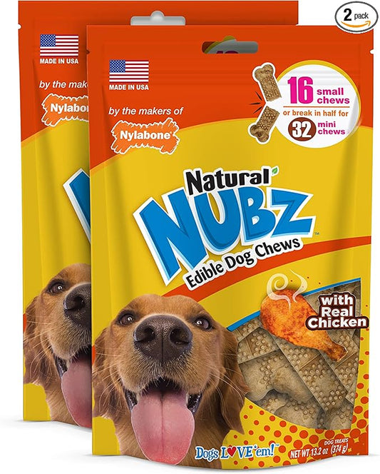 Nylabone Nubz Natural Dog Chew Treats for Small Dogs, Long Lasting Dog Chew Bones Made in USA, Chicken Flavor Breath Freshener Dental Chews, Small Dog Bones For Dogs Up to 25 lbs. (32 Count)