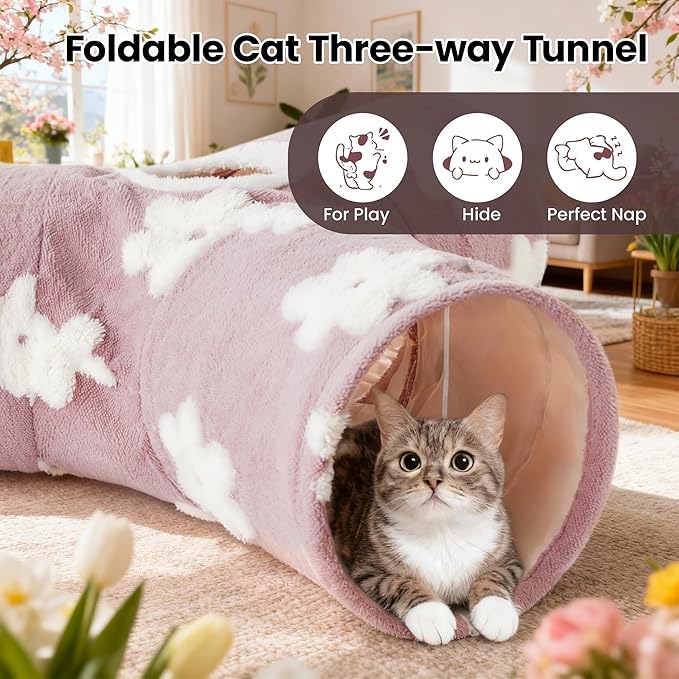 Tempcore Flannel Cat Tunnel for Indoor Cats, 3 Way Collapsible Pet Play Tunnel with Teaser Wand, Peek Holes & Hanging Ball, Interactive Tube for Kittens & Rabbits, Daisy Burlwood