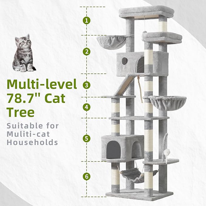 Gitelsnour Cat Tree for Large Cats, 78.7"(200cm) Tall Cat Tower for Indoor Cats Multiple Cats with Large Top Perch, Cat Condo, Cat Hammcok, Cat Scratching Post, Light Gray GCT031W
