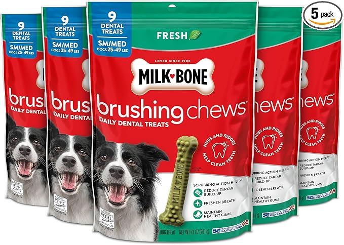 Milk-Bone Brushing Chews Original Chicken Flavor Daily Dental Dog Treats, Small/Medium, 7.1 Oz. Bag (Pack of 5) Dog Treats, Fresh Breath, Small/Medium, 7.1 Oz. Bags, 9 Bones Per Bag (Pack of 5)