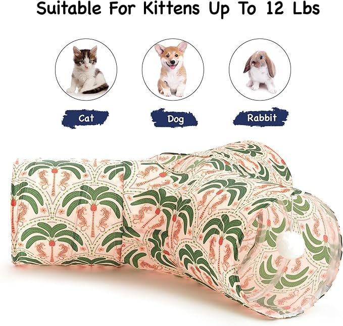 Tempcore Cat Tunnel for Indoor Cats, 3 Way Collapsible Pet Play Tunnel with Teaser Wand, Peek Holes & Hanging Ball, Interactive Tube for Kittens & Rabbits, Khaki Coconut Tree