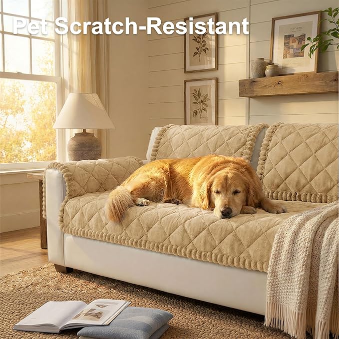 Smiry Couch Cover for Dogs, Non Slip Washable Pet Sofa Protector for Large Dogs, Cats, Fuzzy Plush Sofa Covers for 3 Cushion Couch, Against Fur, Dirt & Scratch Resistant, Camel, 27.6"×88"