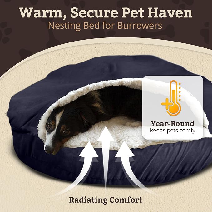 Snoozer Cozy Cave Dog Bed - Indoor Dog Bed with Cover Cave, Covered Calming Burrow for Small Sized Pets with Blanket Attached, Enclosed, Removable Washable Cover - Small, Navy