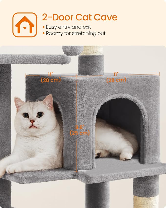 Feandrea Cat Tree, 44.1-Inch Cat Tower, Plush Multi-Level Condo with 4 Scratching Posts, 2 Perches, Hammock, Cave, Light Gray UPCT261W01