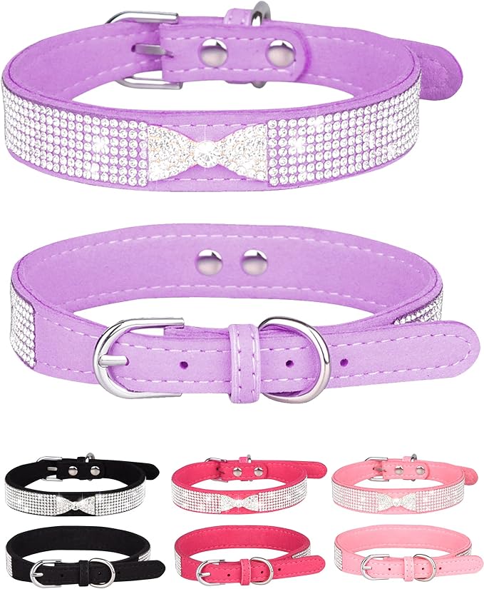 Dog Collar for Small Dogs, Adjustable Leather Suede Bling Dog Collars，Pink Dog Collar Cat Collar, Rhinestone Dog Collar (M, purple4)