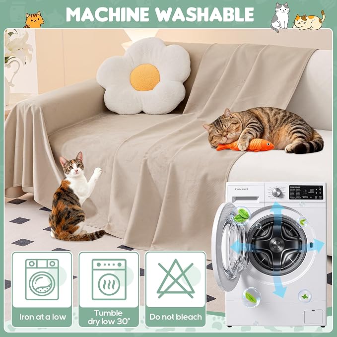 Loiion Cat Scratch Furniture Protector - Ultra Soft, Waterproof Sofa Cover to Keep Cats Off, Pet-Friendly Couch Protectors for Love Seat, Anti-Slip Couch Cover for Pets and Kids 134"X91" Almond