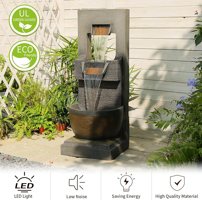 Sunlinua 39H Modern Outdoor Water Fountain with LED Light Garden Cascading Waterfall Feature for Indoor or Outdoor Cascading Waterfall for Relaxing Garden Patio Backyard Deck Porch or Home Décor