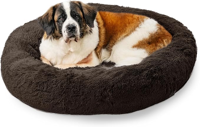 Best Friends by Sheri The Original Calming Donut Dog Bed for Extra-Large Dogs up to 150 lbs, Shag Faux Fur, Dark Brown, 45" x 45"