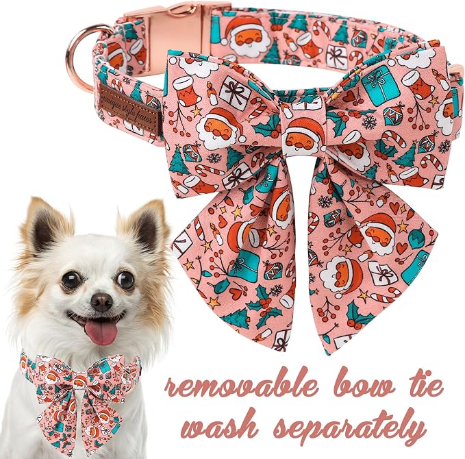 Unique Style Paws Christmas Day Dog Collar with Bowtie Pink Christmas Man Cotton Puppy Collars for Small Medium Large Dogs