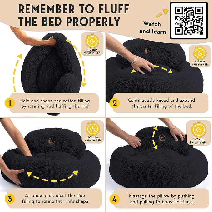 PetJett Large Dog Bed - 36'' Calming Donut Dog Beds, Anti-Slip & Washable Large Round Bed, Fluffy Faux Fur Pet Bed, Super Soft Anti-Anxiety Premium Comfort Bed, Fits Dogs up to 80 lbs - Black