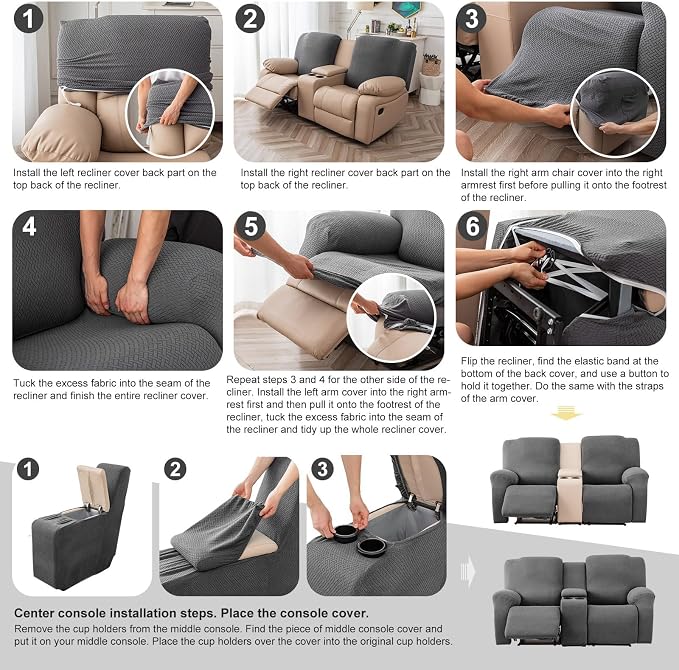 Genina Recliner Loveseat Covers with Console, Stretch Reclining Sofa Covers, 2 Seater Couch Cushion Stripe Jacquard Recliner Slipcovers - Furniture Protector Covers for Pet Kid (Beige)