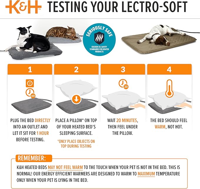 K&H Pet Products Lectro-Soft Orthopedic Outdoor Heated Dog or Cat Bed for Large Dogs or Multiple Cats, Safety Listed Warming Pad, Waterproof, Soft & Flexible, Washable Cover - Large 36 X 25in Tan 60W