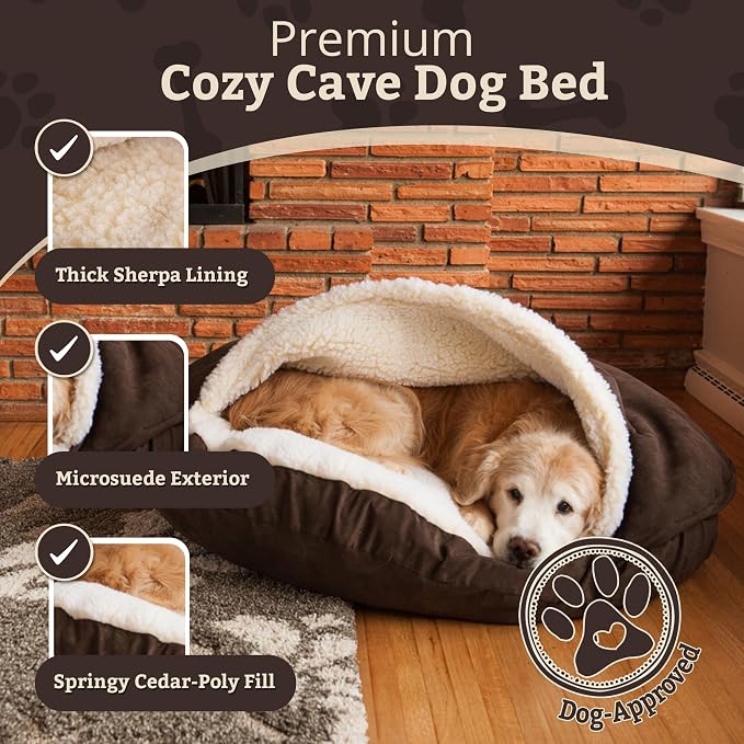 Snoozer Cozy Cave Dog Bed - Indoor Dog Bed with Cover Cave, Covered Calming Burrow for Small Sized Pets with Blanket Attached, Enclosed, Removable Washable Cover - Small, Hot Fudge