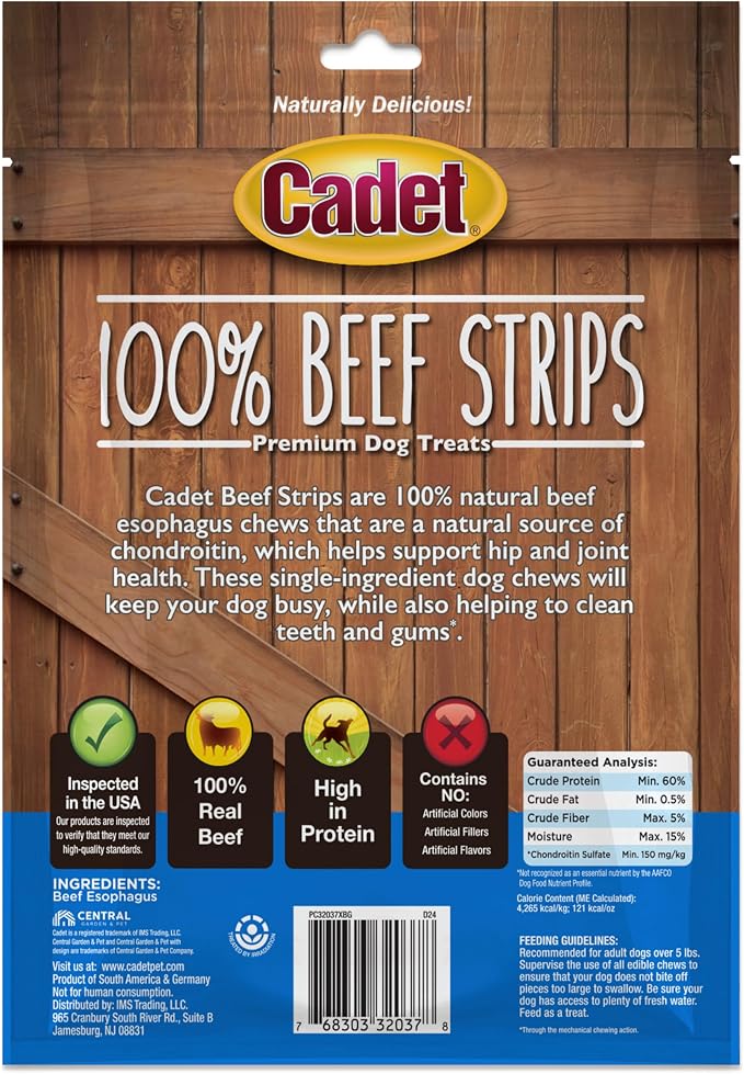 Cadet 100% Beef Strips Dog Treats, Single Ingredient Beef Esophagus Dog Jerky, Healthy High Protein Rawhide Alternative for Small & Large Dogs, 4 Ounce
