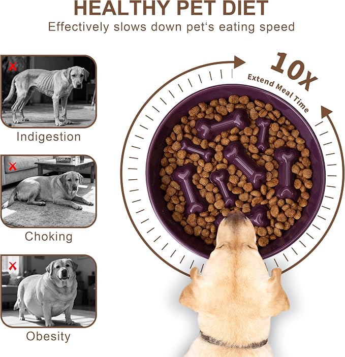 Ceramic Slow Feeder Dog Bowls, Ceramic Slow Feeder Maze Dog Food Bowl, Slow Eating Dog Bowl and Slow Feeder Dog Bowl Anti-Choking for Daily Pet Feeding （Purple Bone）