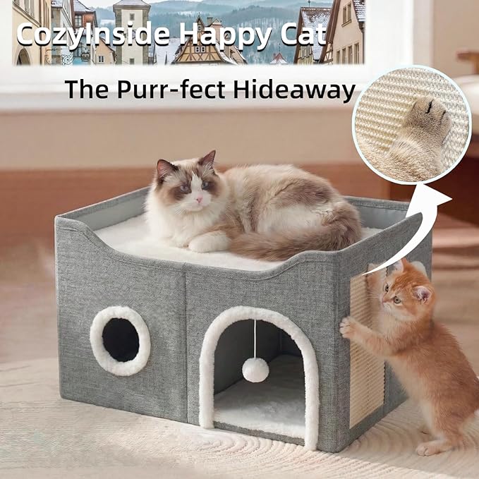 Eolahalcy Cat Beds for Indoor Cats - Large Cat Cave for Pet Cat House with Fluffy Ball Hanging and Scratch Pad, Foldable Cat Houses for Large Indoor Cats,Cat Hideaway, 23.8x15.9x13.2 inches, Grey