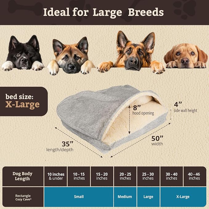 Snoozer Rectangle Cozy Cave Dog Bed - Indoor Dog Bed with Cover Cave, Covered Calming Burrow for Large Sized Pets with Blanket Attached, Enclosed, Washable Cover - XL, Palmer Dove