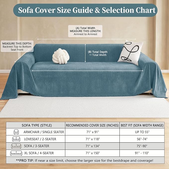 hyha Couch Cover for Dogs, Boho Sofa Covers for 3 Cushion Couch Washable, Chenille Sofa Slipcover for Pets, Soft Loveseat Sectional Couch Throw Blankets with Tassels (Blue, 88.5x134 Inch)