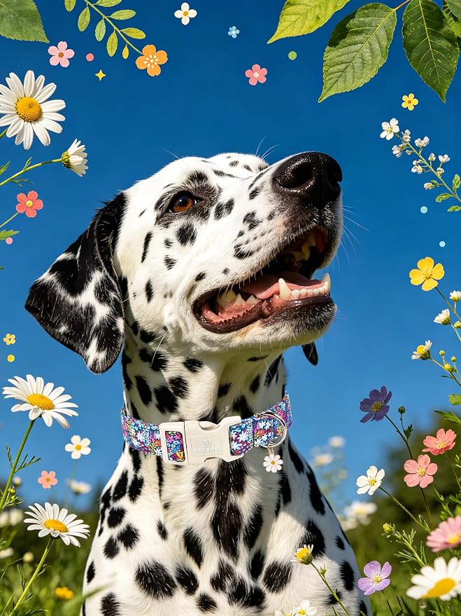 Maca Bates Blue Flower Basic Dog Collar with Flroal Charm for Small Girl Dogs, Dasiy Pattern,Feminine Style,Adjustable Durable Soft Collars Birthday Gift for Female Puppy