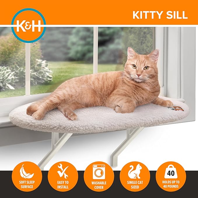 K&H Cat Window Perch Kitty Sill - Cat Window Hammock Bed with Strong Support Holds 40 lbs, Cushioned Windowsill Bed for Indoor Cats, Washable Cover, Cream Fleece, 24 x 14 Inches