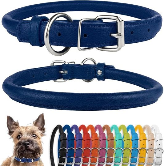 CollarDirect Rolled Leather Dog Collar, Soft Padded Round Puppy Collar, Handmade Genuine Leather Collar Dog Small Large Cat Collars 13 Colors (8-11 Inch, Deep Blue Textured)