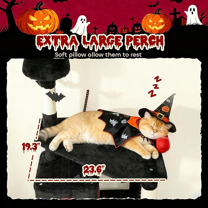 PawHut Gothic Cat Tree, 78" Extra Tall Cat Tower for Indoor Kittens with 2 Spacious Condos, Sisal Scratching Posts, 4 Bat Hanging Balls, Comfy Hammock, Ramp, Bed, Black and Red Halloween