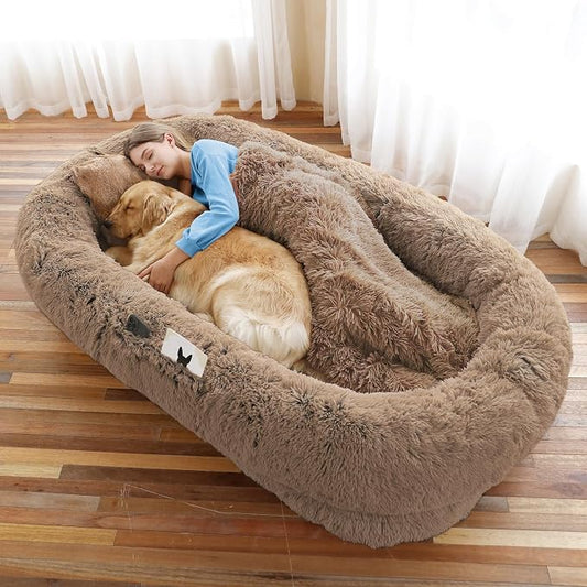 WROS Human Dog Bed, Large Dog Beds for Humans Size Fits You and Pets, Washable Faux Fur Orthopedic Human Pet Bed for People Doze Off, Napping, Present Pillow, Blanket, Strap - Khaki