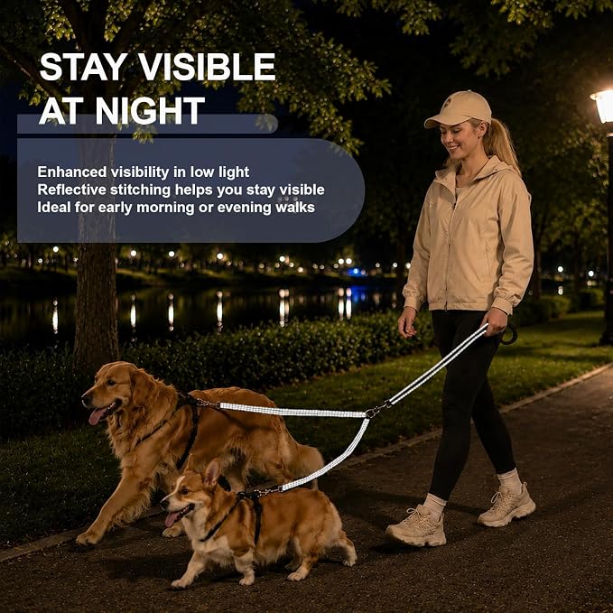 Double Dog Leash for Two Dogs, Complete Set with 31.5" Main Leash + Adjustable Splitter, Padded Handle, D-Ring, 360° Swivel, Shock-Absorbing Bungee, Reflective for Small Medium Large Dogs (Black)