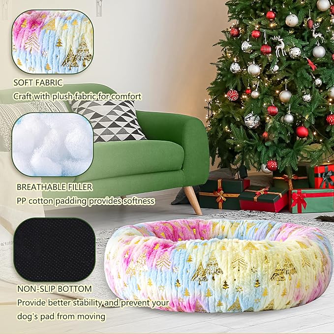 31 Inch Christmas Tree Calming Dog Bed for Medium Dogs, Round Anti-Anxiety Warm Bed, Soft Cozy Anti-Slip Donut Washable Pet Bed, Fits up to 50 lbs Pets
