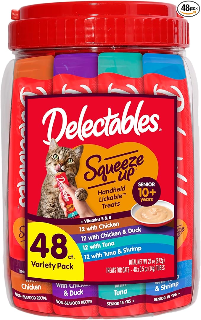Delectables Squeeze Up Senior 10+ Variety Pack, Creamy Squeezable Puree, Lickable Wet Cat Treats, Grain Free, 0.5 Ounces Tube, 48 Tubes Total
