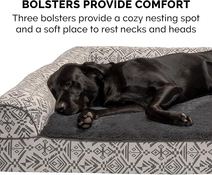 Furhaven Memory Foam Dog Bed for Large Dogs w/ Removable Bolsters & Washable Cover, For Dogs Up to 125 lbs - Plush & Southwest Kilim Woven Decor Sofa - Boulder Gray, Jumbo Plus/XXL