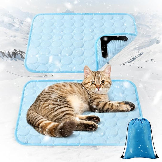 MCEAST 2 Pcs Cat Cooling Mat 20" x 16" Self Cooling Pad for Smal Dogs Cats Non-Slip Cool-Chill Mats Summer Pet Blanket with Storage Bag Washable Cool Pet Pad for Floor Sofa Car Travel, Small