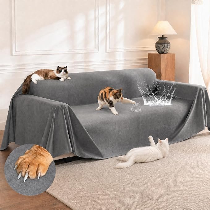 LOllON Velvet Couch Cover for Cats Dogs Kids - 100% Waterproof Cat Scratch Resistant Sofa Cover, Non-Slip Washable Furniture Protector,Ultra Soft Pet-Friendly Slipcover for 3-Seat Sofa 150"X71" Grey