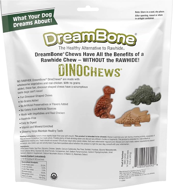 DreamBone Chicken DinoChews Dog Treats, Daily Rawhide-Free Chew, Digests Safely and Completely, With Real Protein, Chicken and Veggies, 14 count