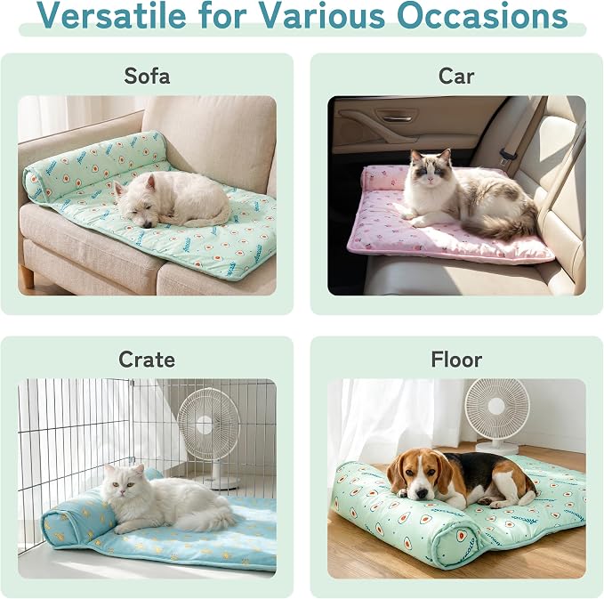 PUMYPOREITY Cooling Dog Bed, Pet Cooling Mat with Pillow, Ice Silk Cooling Dog Blanket, Self Cooling Pad for Cat,Dog, Washable Summer Pet Mat for Kennel, Crates, Sofa, Floor, Green, L