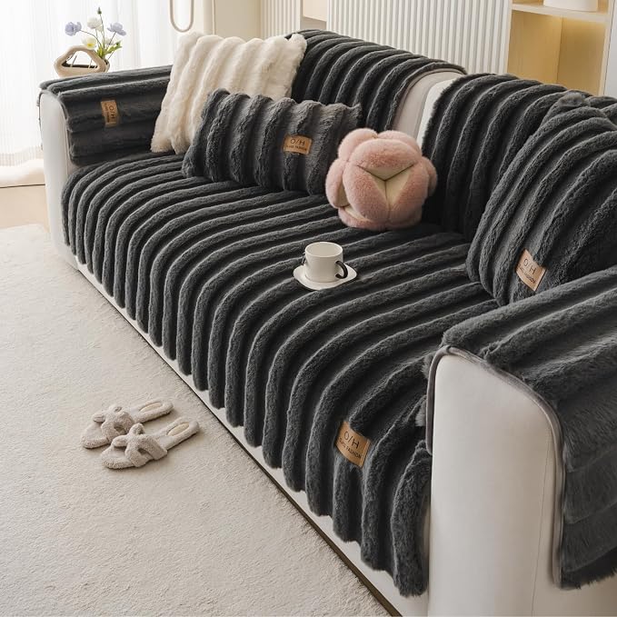 Fuzzy Rabbit Plush Sofa Cover Thick Soft Fur Sectional Couch Cover Furry Fluffy Cushion Cover Non-Slip Sofa Slipcovers Vertical Stripe Furniture Protector for Dogs Cats(Dark Grey,36"x28")