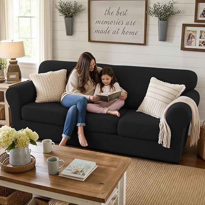 XINEAGE 2026 New 4 Pieces Extra Large Couch Covers for 3 Cushion Sofa Super Stretch Sofa Cover for 3 Large Seat Cushion Universal Fitted Slip Cover for Living Room (Black), 91"-110"(3 Cushions)